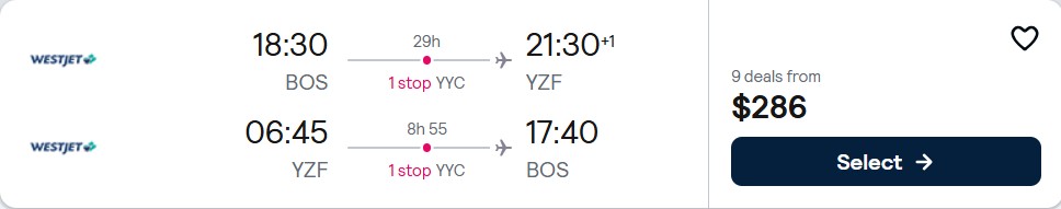 Click here to book this cheap flight deal. Cheap flights from Boston to Yellowknife, Canada for only $286 roundtrip. Flight deal ticket image.