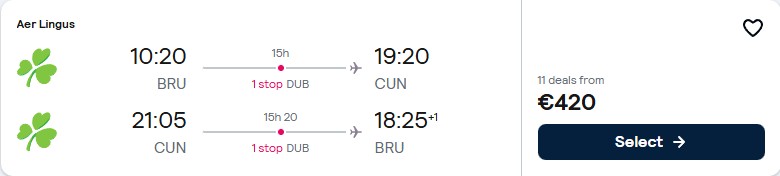Click here to book this cheap flight deal. Cheap flights from Brussels, Belgium to Cancun, Mexico for only €420 roundtrip with Aer Lingus. Flight deal ticket image.