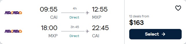 Click here to book this cheap flight deal. Non-stop flights from Cairo, Egypt to Milan, Italy for only $163 USD roundtrip. Flight deal ticket image.