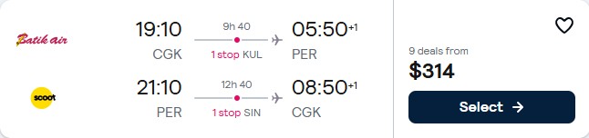 Click here to book this cheap flight deal. Cheap flights from Jakarta, Indonesia to Perth, Australia for only $314 USD roundtrip. Flight deal ticket image.