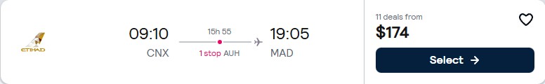 Click here to book this cheap flight deal. Cheap flights from Chiang Mai, Thailand to European cities for only $174 USD one-way with Etihad Airways. Flight deal ticket image.
