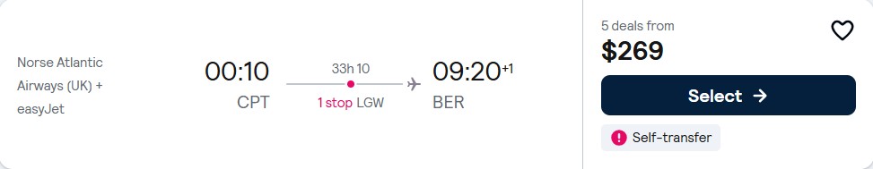 Click here to book this cheap flight deal. Cheap flights from Cape Town, South Africa to Berlin, Germany for only $253 USD one-way. Flight deal ticket image.