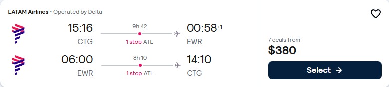Christmas and New Year flights from Cartagena, Colombia to New York, USA for only $380 USD roundtrip with Delta Air Lines. Flight deal ticket image.