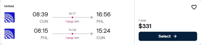 Click here to book this cheap flight deal. Cheap flights from Cancun, Mexico to Philadelphia, USA for only $331 USD roundtrip with United Airlines. Flight deal ticket image.
