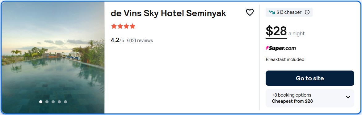 Click here to book this cheap flight deal. Stay at the 4* de Vins Sky Hotel Seminyak in Bali, Indonesia for only $28 USD per night. Flight deal ticket image.