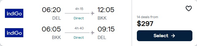 Click here to book this cheap flight deal. Non-stop flights from Delhi, India to Bangkok, Thailand for only $297 USD roundtrip. Flight deal ticket image.