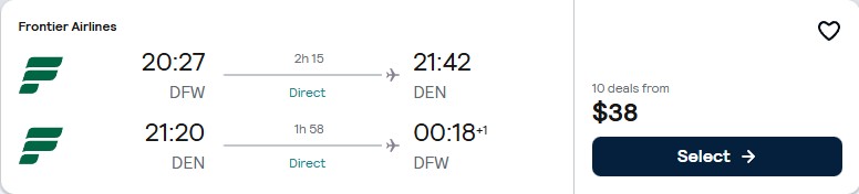 Non-stop flights from Dallas, Texas to Denver, Colorado for only $38 roundtrip. Also works in reverse. Flight deal ticket image.