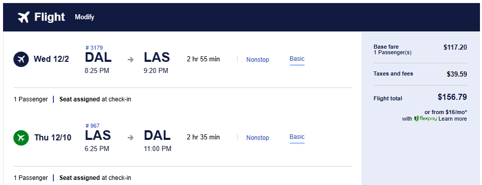 Click here to book this cheap flight deal. Non-stop flights from Dallas, USA to Las Vegas, USA for only $156 roundtrip. Also works in reverse. Flight deal ticket image.