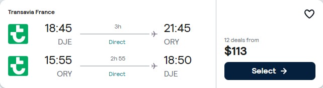 Non-stop flights from Djerba, Tunisia to Paris, France for only $113 USD roundtrip. Flight deal ticket image.