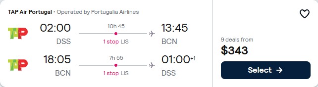 Click here to book this cheap flight deal. Cheap flights from Dakar, Senegal to Barcelona, Spain for only $339 USD roundtrip with TAP Air Portugal. Flight deal ticket image.