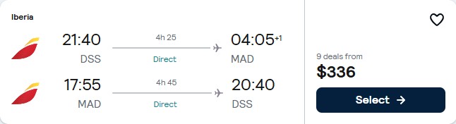 Click here to book this cheap flight deal. Non-stop, Christmas and New Year flights from Dakar, Senegal to Madrid, Spain for only $336 USD roundtrip with Iberia. Flight deal ticket image.