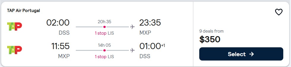 Click here to book this cheap flight deal. Cheap flights from Dakar, Senegal to Milan, Italy for only $350 USD roundtrip with TAP Air Portugal. Flight deal ticket image.