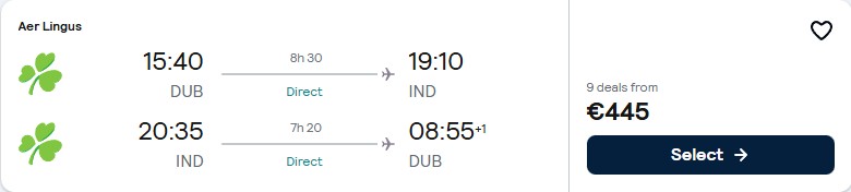 Click here to book this cheap flight deal. Non-stop flights from Dublin, Ireland to Indianapolis, USA for only €445 roundtrip with Aer Lingus. Flight deal ticket image.