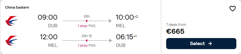 Cheap flights from Dublin, Ireland to Melbourne, Australia for only €666 roundtrip. Flight deal ticket image.
