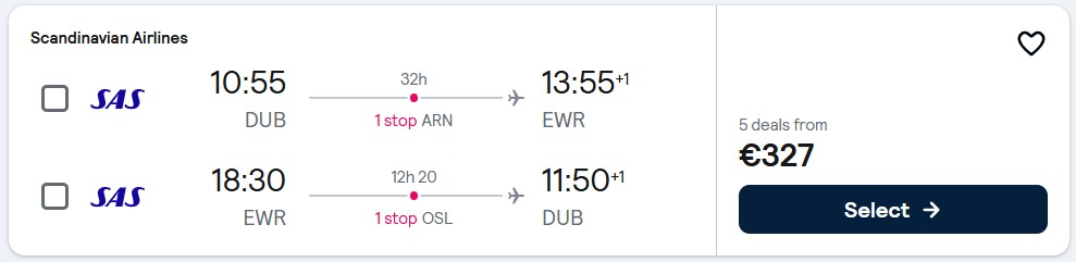 Cheap flights from Dublin, Ireland to New York, USA for only €327 roundtrip with Scandinavian Airlines. Flight deal ticket image.