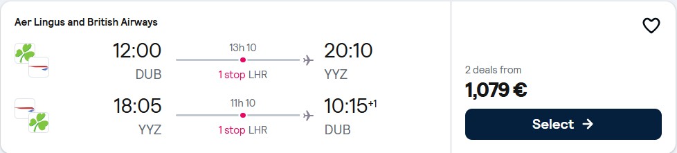 Business Class flights from Dublin, Ireland to Canada or the USA from only €1079 roundtrip with British Airways. Flight deal ticket image.