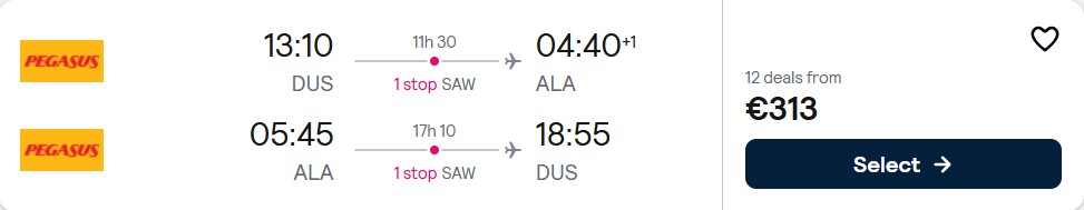 Cheap flights from Dusseldorf, Germany to Almaty, Kazakhstan for only €313 roundtrip. Flight deal ticket image.