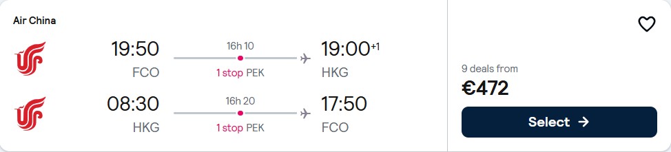 Cheap flights from Rome, Italy to Hong Kong for only €472 roundtrip. Flight deal ticket image.
