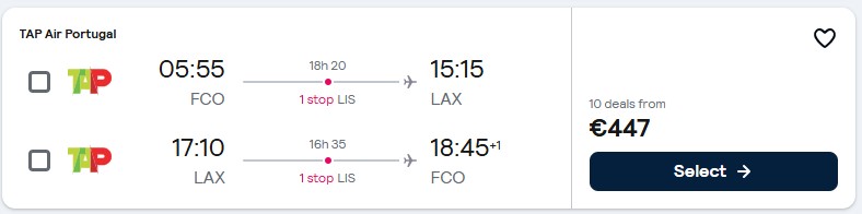 Click here to book this cheap flight deal. Cheap flights from Rome, Italy to Los Angeles, USA for only €447 roundtrip with TAP Air Portugal. Flight deal ticket image.