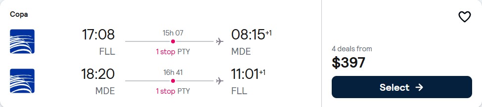 Click here to book this cheap flight deal. Cheap flights from Fort Lauderdale to Medellin, Colombia for only $397 roundtrip with Copa Airlines. Flight deal ticket image.