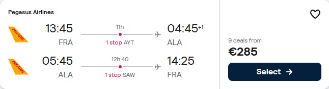 Click here to book this cheap flight deal. Cheap flights from Frankfurt, Germany to Almaty, Kazakhstan for only €285 roundtrip. Flight deal ticket image.