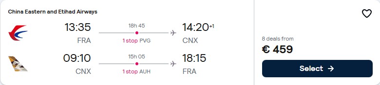 Click here to book this cheap flight deal. Cheap flights from Frankfurt, Germany to Chiang Mai, Thailand for only €460 roundtrip with Etihad Airways. Flight deal ticket image.