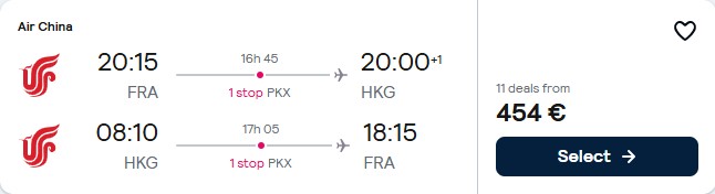 Click here to book this cheap flight deal. Cheap flights from Frankfurt or Munich, Germany to Hong Kong from only €454 roundtrip. Flight deal ticket image.