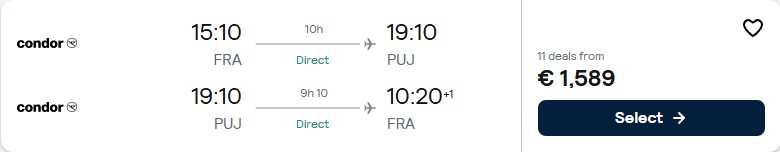 Click here to book this cheap flight deal. Business Class flights from Frankfurt, Germany to the Dominican Republic for only €1589 roundtrip. Flight deal ticket image.