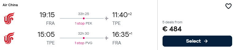 Click here to book this cheap flight deal. Cheap flights from Frankfurt, Germany to Taipei, Taiwan for only €484 roundtrip. Flight deal ticket image.