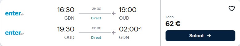 Click here to book this cheap flight deal. Non-stop, last minute flights from Gdansk, Poland to Oujda, Morocco for only €62 roundtrip. Flight deal ticket image.