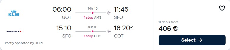 Click here to book this cheap flight deal. Cheap flights from Gothenburg, Sweden to Western USA from only €406 roundtrip with KLM and Air France. Flight deal ticket image.