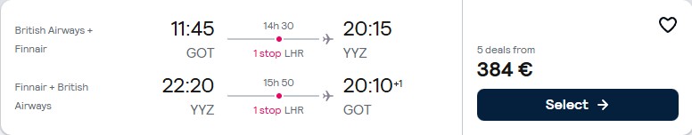 Cheap flights from Gothenburg, Sweden to Toronto, Canada for only €384 roundtrip with British Airways. Flight deal ticket image.