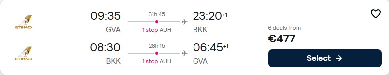 Click here to book this cheap flight deal. Cheap flights from Geneva, Switzerland to Bangkok, Thailand for only €477 roundtrip with Etihad Airways. Flight deal ticket image.