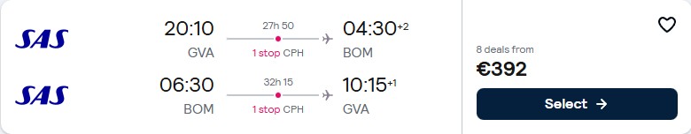 Click here to book this cheap flight deal. Cheap flights from Geneva, Switzerland to Mumbai, India for only €392 roundtrip with Scandinavian Airlines. Flight deal ticket image.