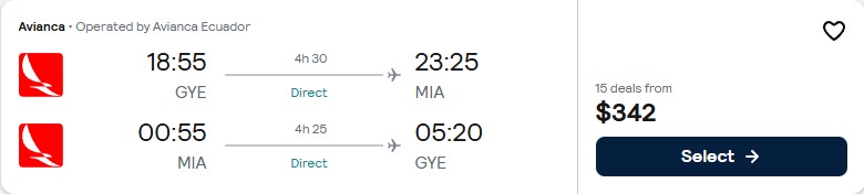 Click here to book this cheap flight deal. Non-stop, Christmas flights from Guayaquil, Ecuador to Miami, USA for only $342 USD roundtrip with Avianca. Flight deal ticket image.