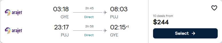 Click here to book this cheap flight deal. Non-stop flights from Guayaquil, Ecuador to the Dominican Republic for only $244 USD roundtrip. Flight deal ticket image.