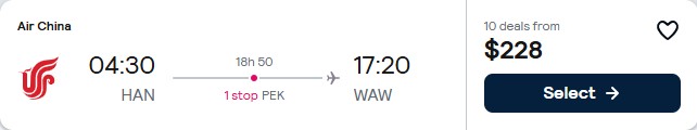 Cheap flights from Hanoi, Vietnam to Warsaw, Poland for only $228 USD one-way. Flight deal ticket image.