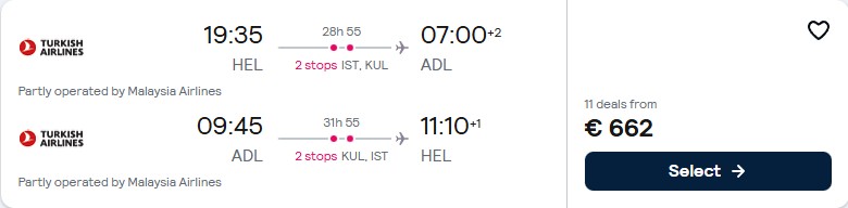 Click here to book this cheap flight deal. Cheap flights from Helsinki, Finland to Adelaide, Australia for only €662 roundtrip with Turkish Airlines and Malaysia Airlines. Flight deal ticket image.