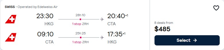 Click here to book this cheap flight deal. Cheap flights from Hong Kong to Sicily for only $485 USD roundtrip with Swiss International Air Lines. Flight deal ticket image.