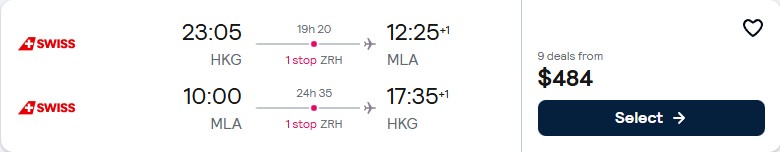 Click here to book this cheap flight deal. Cheap flights from Hong Kong to Malta for only $484 USD roundtrip with Swiss International Air Lines. Flight deal ticket image.