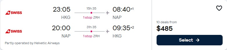 Click here to book this cheap flight deal. Cheap flights from Hong Kong to Naples, Italy for only $485 USD roundtrip with Swiss International Air Lines. Flight deal ticket image.