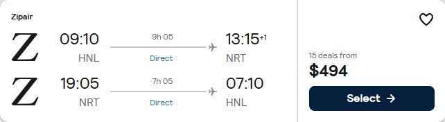 Click here to book this cheap flight deal. Non-stop flights from Honolulu, Hawaii to Tokyo, Japan for only $494 roundtrip. Flight deal ticket image.