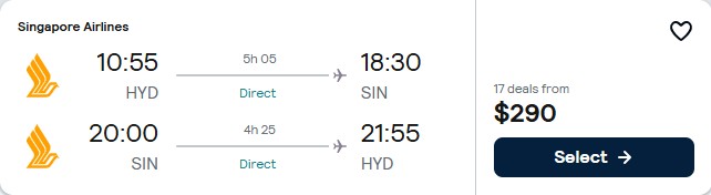Click here to book this cheap flight deal. Non-stop, Christmas flights from Hyderabad, India to Singapore for only $290 USD roundtrip with Singapore Airlines. Flight deal ticket image.