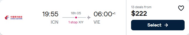 Click here to book this cheap flight deal. Cheap flights from Seoul, South Korea to Vienna, Austria for only $222 USD one-way. Flight deal ticket image.