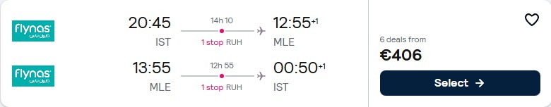 Click here to book this cheap flight deal. Cheap flights from Istanbul, Turkey to the Maldives for only €406 roundtrip. Flight deal ticket image.