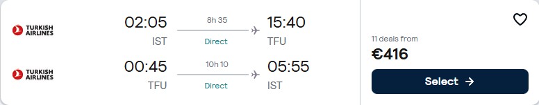 Non-stop, Christmas flights from Istanbul, Turkey to Chengdu, China for only €416 roundtrip with Turkish Airlines. Flight deal ticket image.