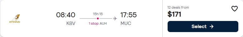 Click here to book this cheap flight deal. Cheap flights from Krabi, Thailand to European cities from only $171 USD one-way with Etihad Airways. Flight deal ticket image.