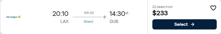 Click here to book this cheap flight deal. Non-stop flights from Los Angeles to Dublin, Ireland for only $233 one-way with Aer Lingus. Flight deal ticket image.