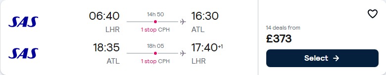 Click here to book this cheap flight deal. Cheap flights from London or Manchester, UK to Atlanta, USA from only £373 roundtrip with Scandinavian Airlines. Flight deal ticket image.