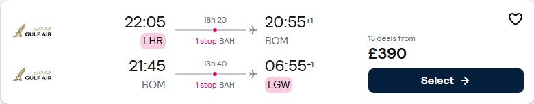 Click here to book this cheap flight deal. Cheap flights from London, UK to Mumbai, India for only £390 roundtrip. Flight deal ticket image.